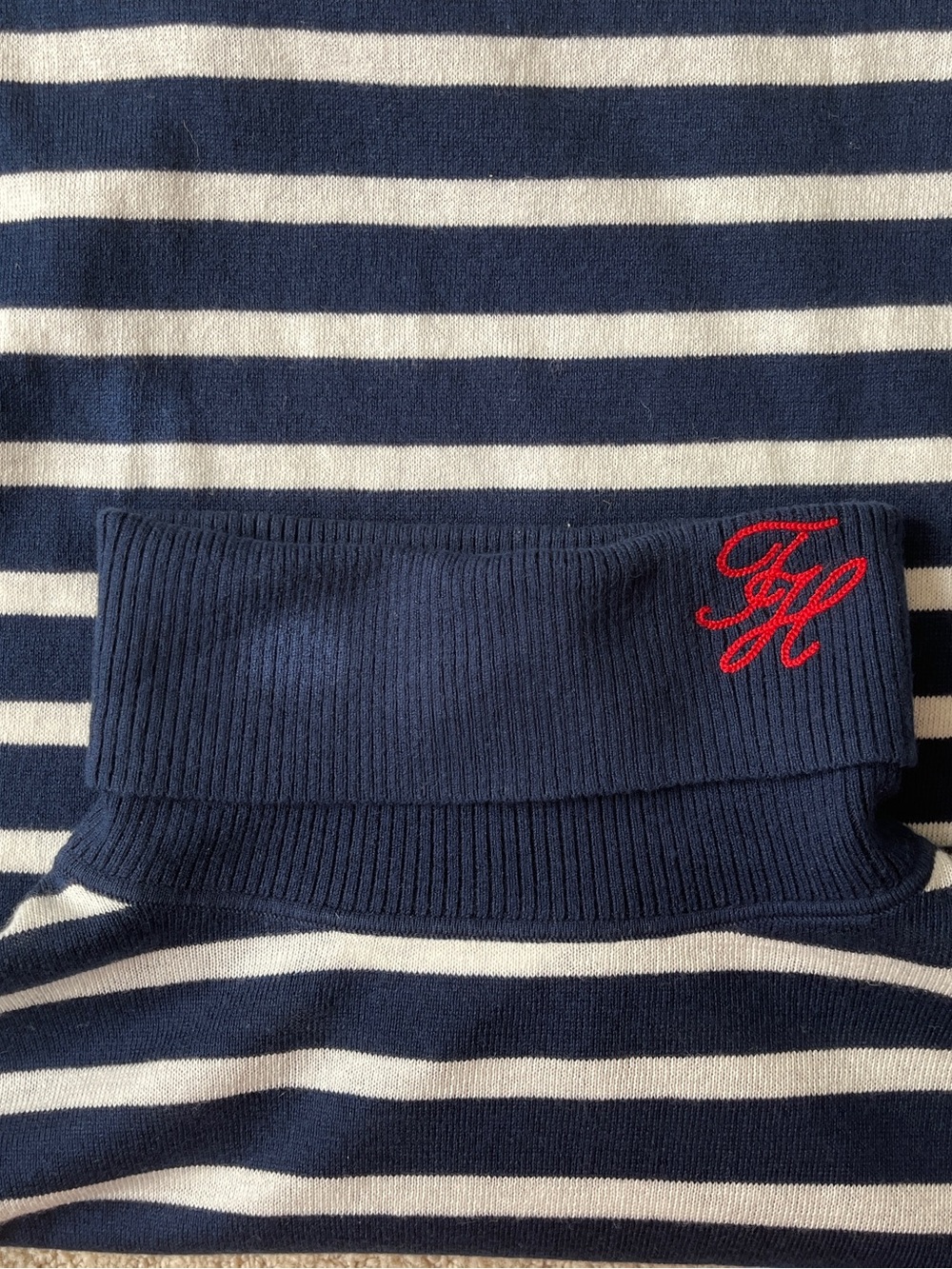 Tommy Hilfiger Navy and White Striped Turtleneck Sweater with Red Embroidery